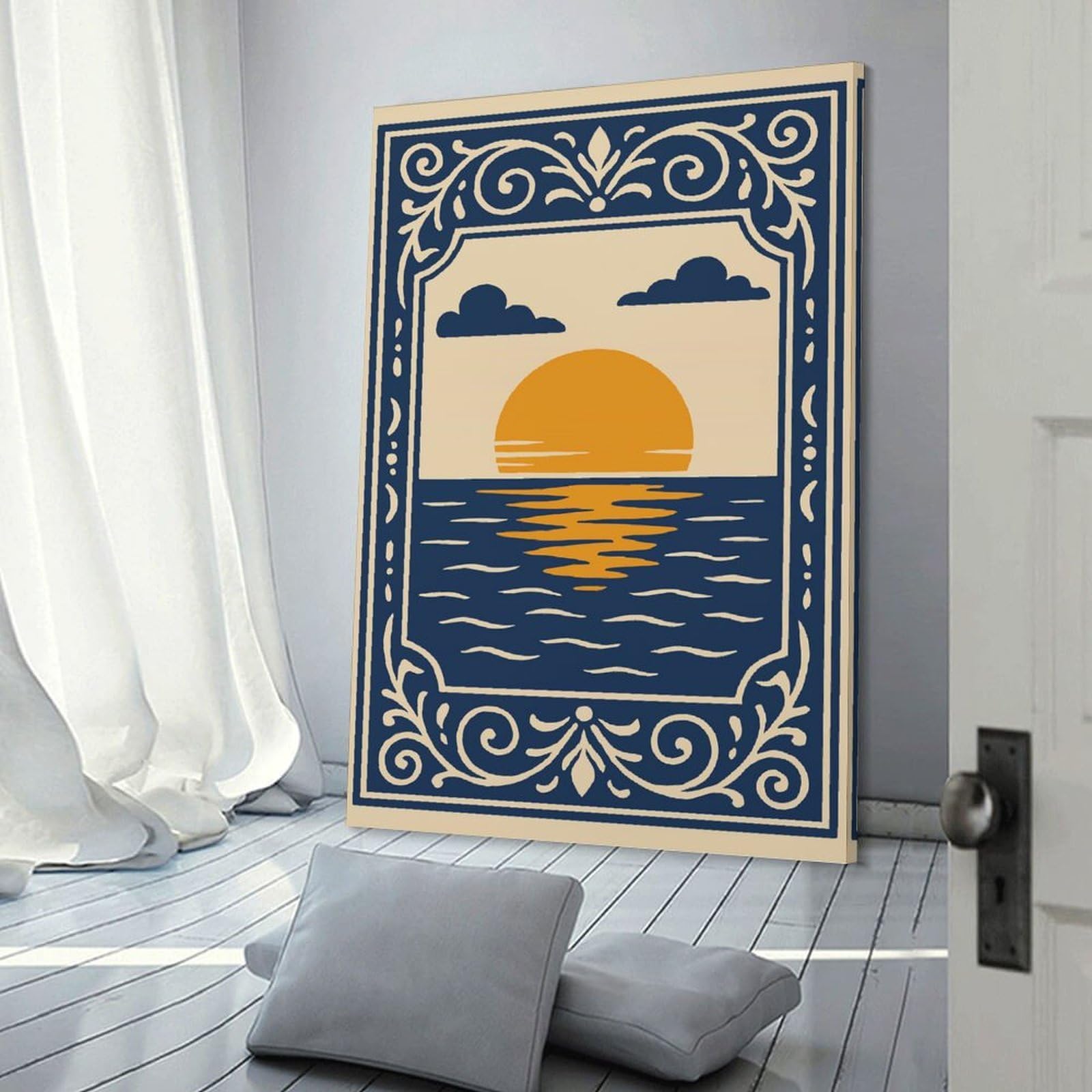 Junmoney Sunset over The Ocean Illustration Canvas Wall Picture 24x36inch(60x90cm), for Picture Wall Styling in Lounge Or Bedroom, Decorative Artwork with Flexible Styling