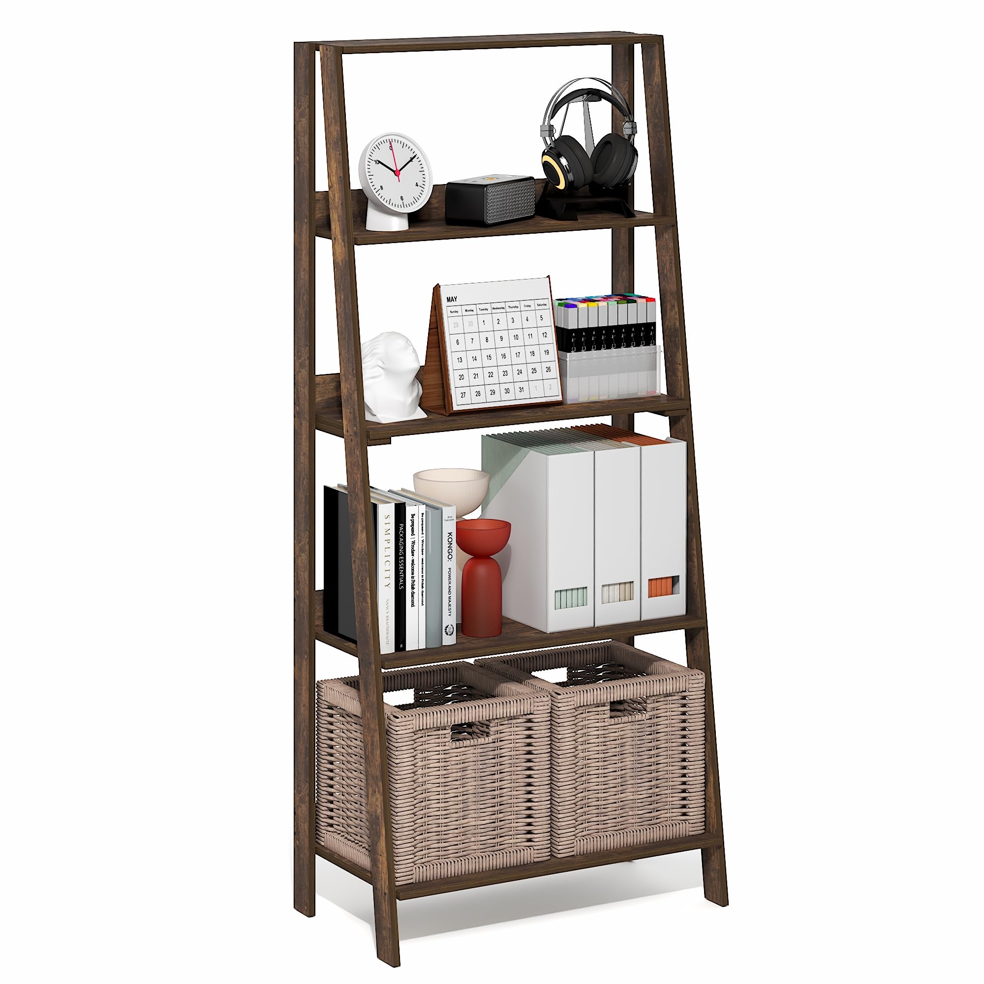 Furinno Ladder Book Shelf, 5-Tier Ladder Shelf, Open Frame Design Bookshelf, Standing Display Storage Shelves, 13 x 23.6 x 53.5, for Living Room, Home Office, Amber Pine