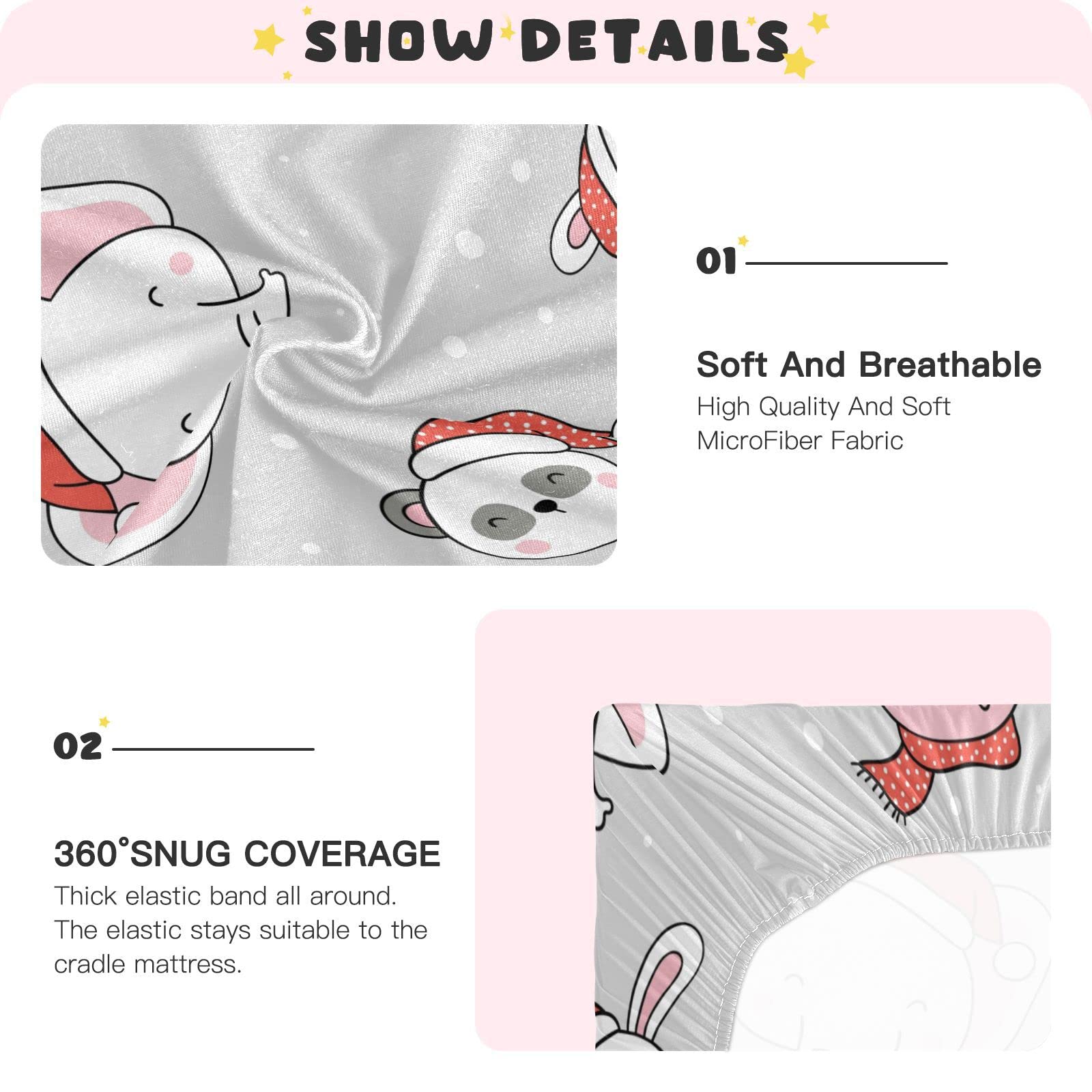 JUMBEAR Cute Elephant Panda Baby Cot Bed Fitted Sheets 132×71cm,Soft and Breathable Baby Fitted Crib Sheets for Boys and Girls Soft,Travel Cot Sheets-Christmas Elephant Panda - Image 4
