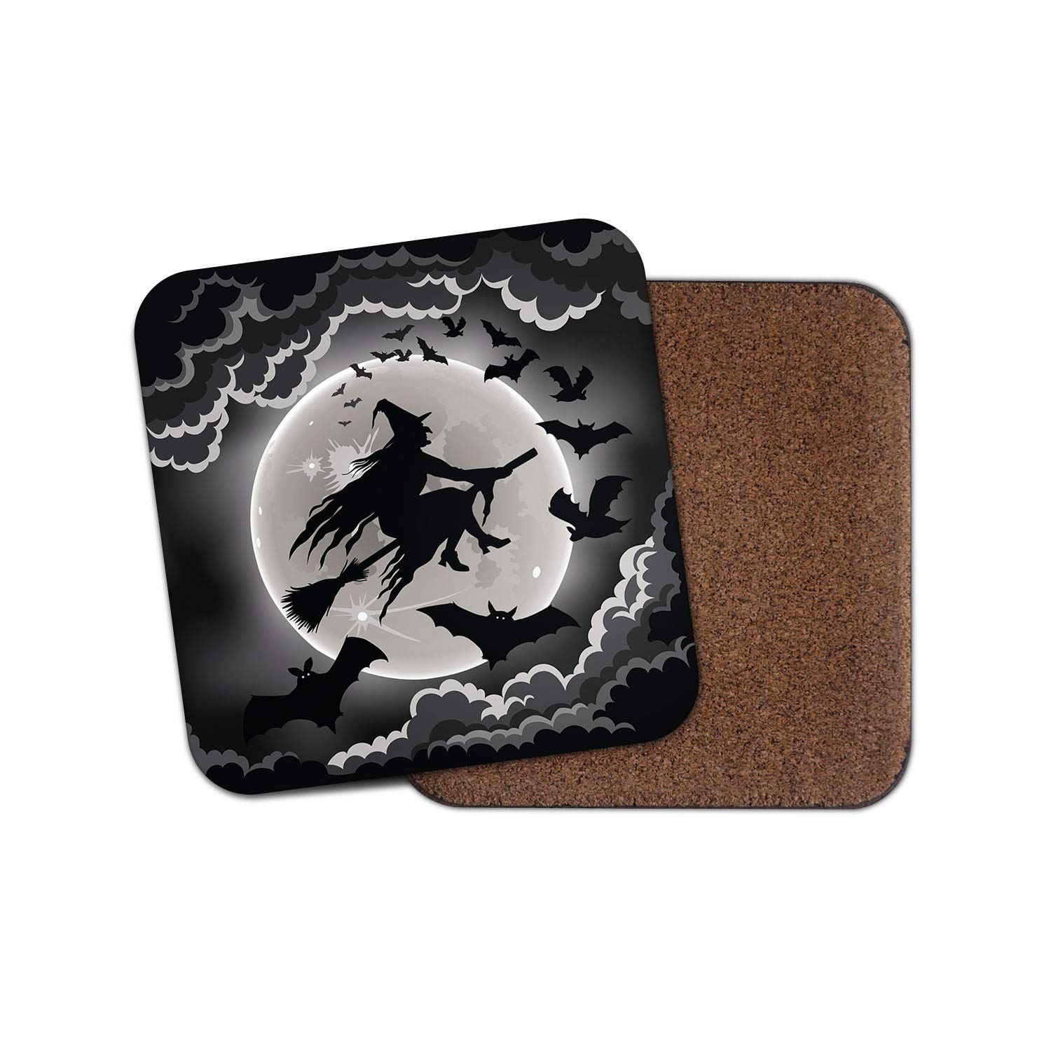 Destinationvinyl Multicolor 1 X Spooky Witch Coaster - Halloween Full Moon Bats Broom Stick Fun #14408