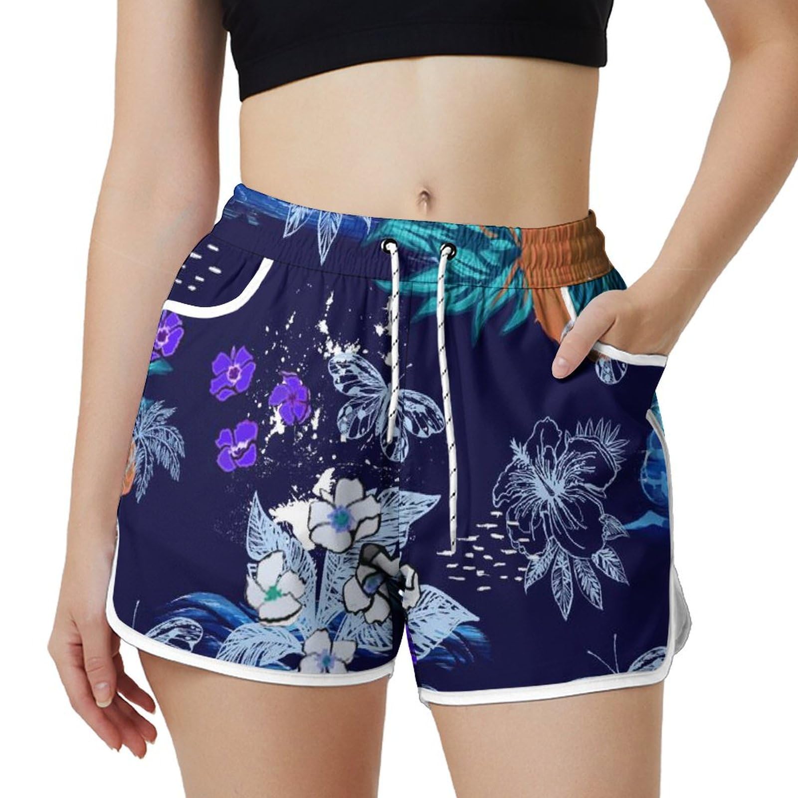 AYUNIX Women's Running Shorts with Pockets Quick Dry Performance Shorts for Women Hawaii Beach Athletic Workout Gym Shorts White, X-Large