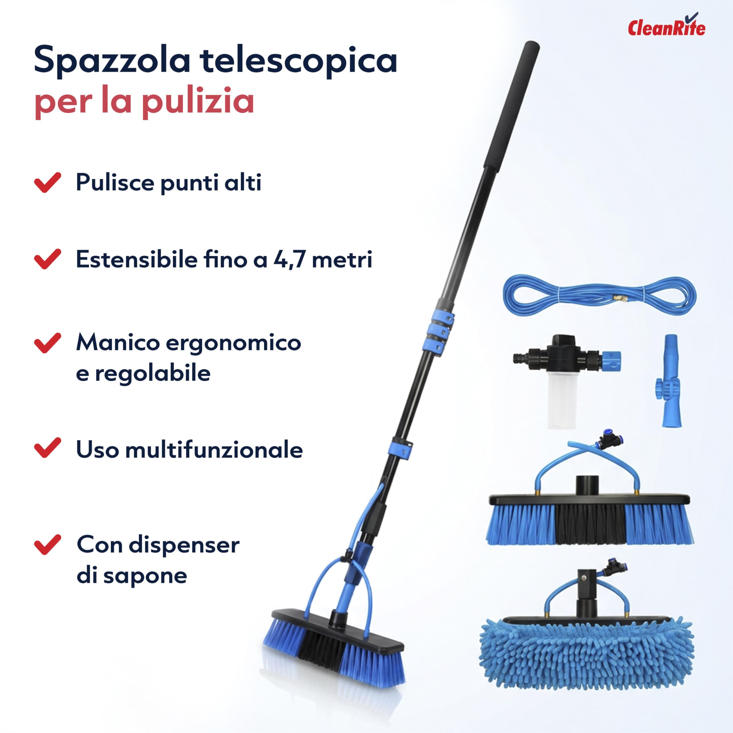 CleanRite® Asta Telescopica 4,7 m | Spazzola Lavaggio Telescopica con Attacco Acqua | Testa Regolabile con Serbatoio Sapone | Pulizia Auto, Vetri, Pannelli Fotovoltaici | Nero