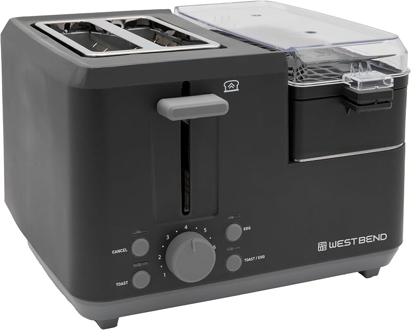 West Bend Breakfast Station 2-Slice Toaster and Egg Cooker/Poacher with Removable Pre-Cooked Meat and Vegetable Warming Tray for Perfect Breakfast Sandwiches, 1200-Watts, Black