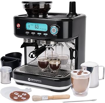 EspressoWorks Barista Pro Series Espresso Machine with Grinder, Steamer and LCD Display - Ready To Go In 60 Sec - 15-Bar Latte and Cappuccino Machine 30-Piece Bundle - Coffee Gifts Black