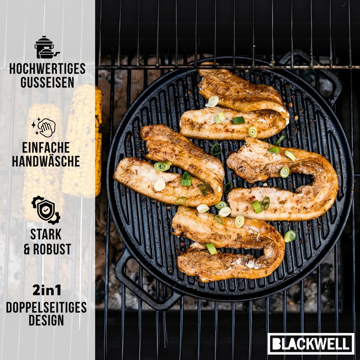 Blackwell Grillplatte 2-seitig | Grillpfanne Ø 30 cm | Gusseisen | Schwarz | Für alle Herdarten, Grill und Backofen geeignet