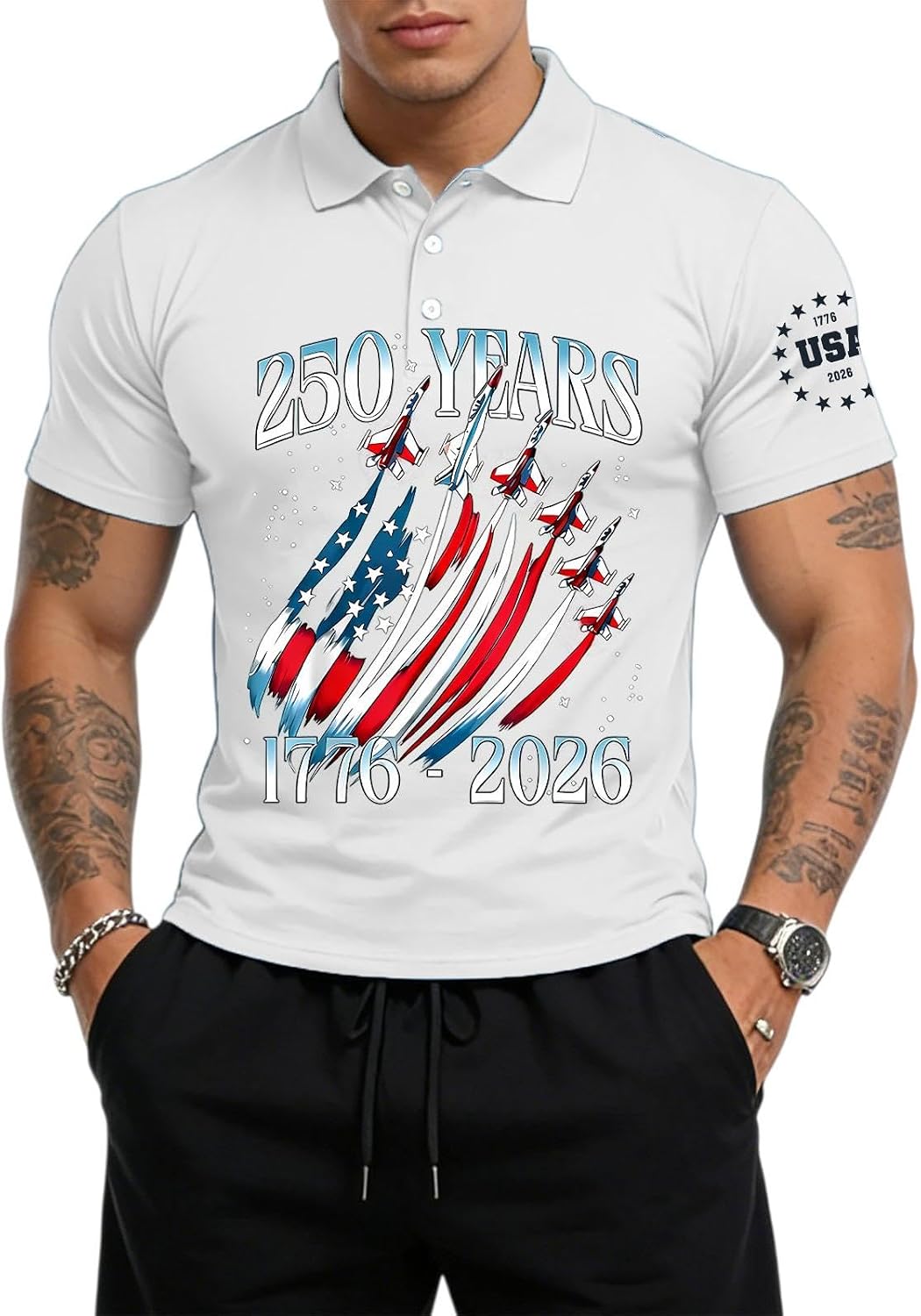 Ymosrh Men's Summer Polo Shirt Short Sleeve 250 Years USA Anniversary Flag Print Patriotic Golf Shirt Casual, S-3XL