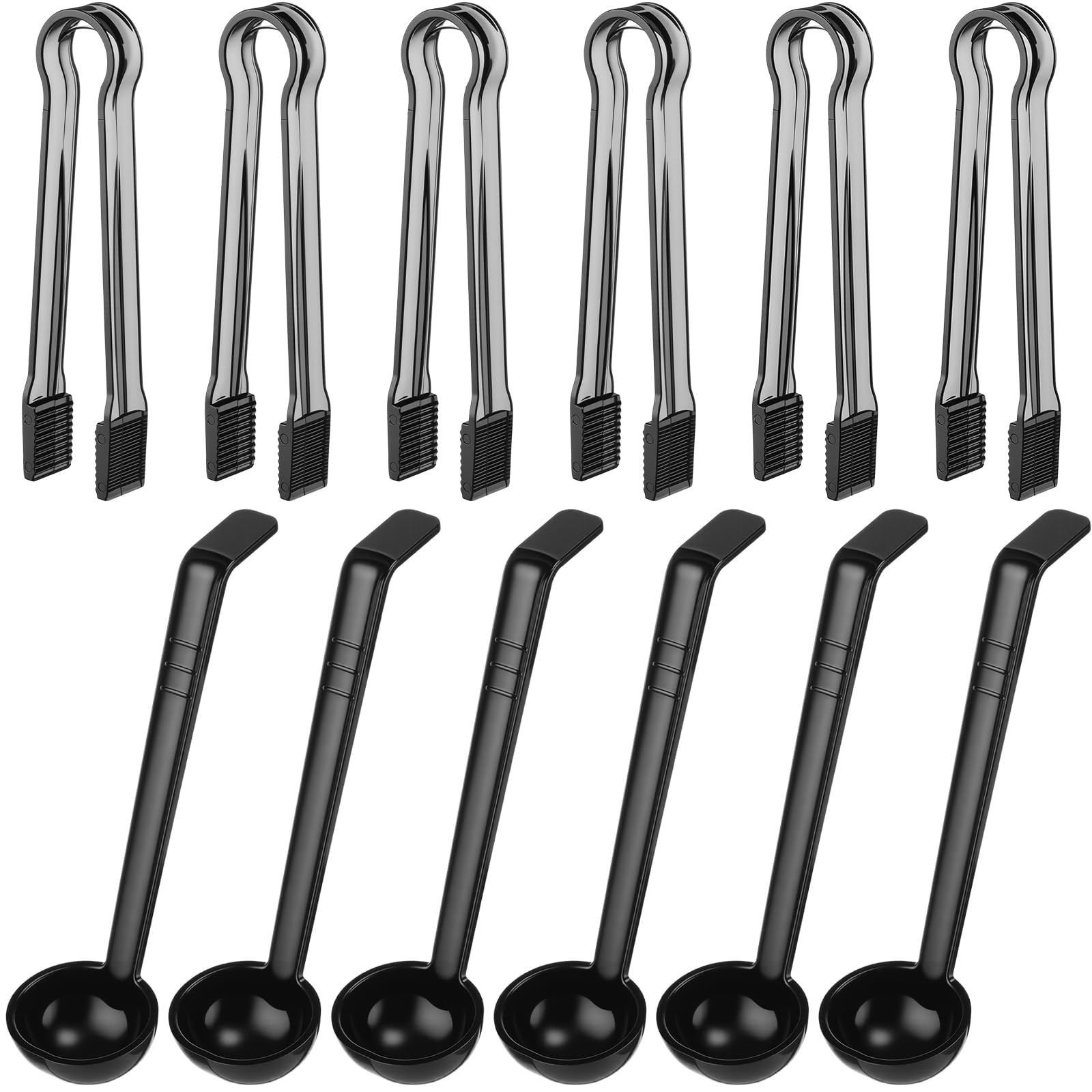 Photo 1 of 12 Pieces Plastic Serving Utensils Set Including 6 Pcs 1 oz Small Ladle and 6 Pcs Tong Acrylic Long Handle Ladle for Serving Sauce, Soup, Dressing, Punch Bowl, Gravy for Party Banquet Catering(Black)