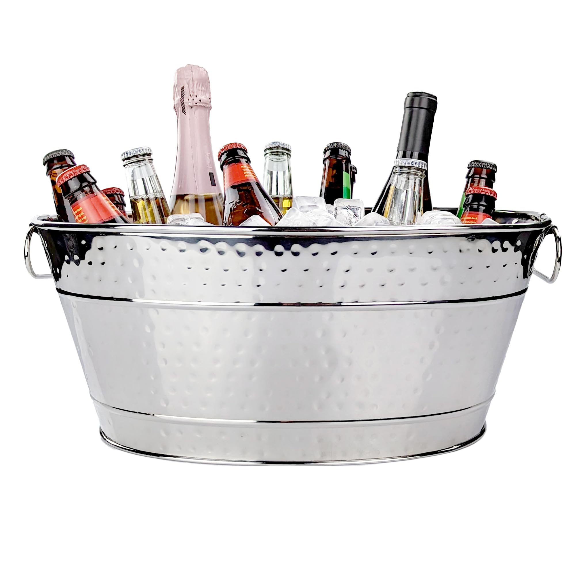 BREKX Stainless-Steel Ice Bucket & Beverage Tub for Parties, Hammered Stainless Steel Finish, Leak-Proof, Rust-Proof, with Handles - 15 Quarts