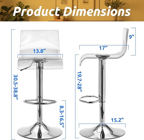 Miniatura 2 de Lessmore Juego de 2 taburetes de bar transparentes, taburetes de bar acrílicos, taburetes de bar transparentes, taburete de bar plateado de altura