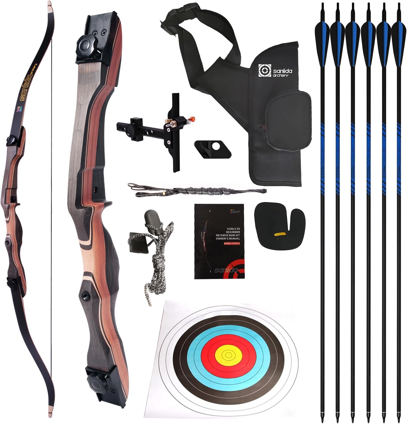Sanlida Noble Standard Target Archery Beginner Recurve Bow and Arrows Kit for Adult and Youth, 48/54/62/66/68/70 Inch Wooden Takedown Recurve Bow Package for Training, Practice & Competition - RH Only