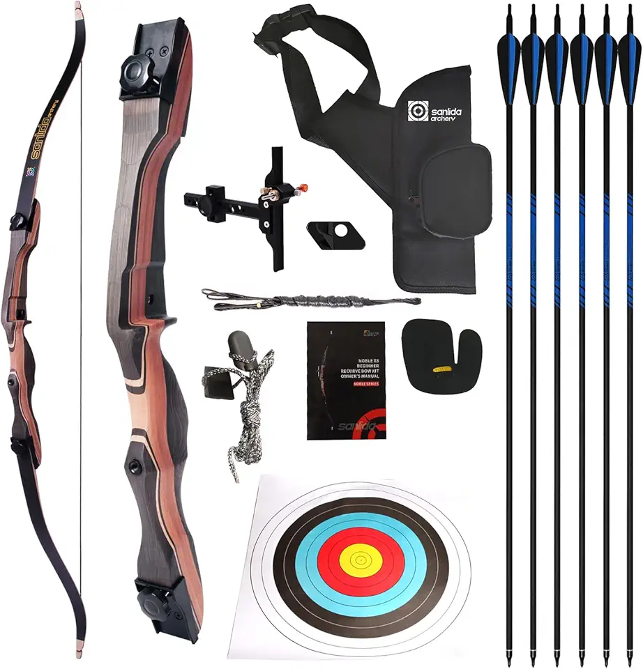 sanlida Kit de Arco Recurvo Noble Standard para Iniciantes E Intermediários, com Flechas, para Adultos E Jovens. Arco Recurvo Desmontável de Madeira para Treinamento, Prática E Competição. Apenas