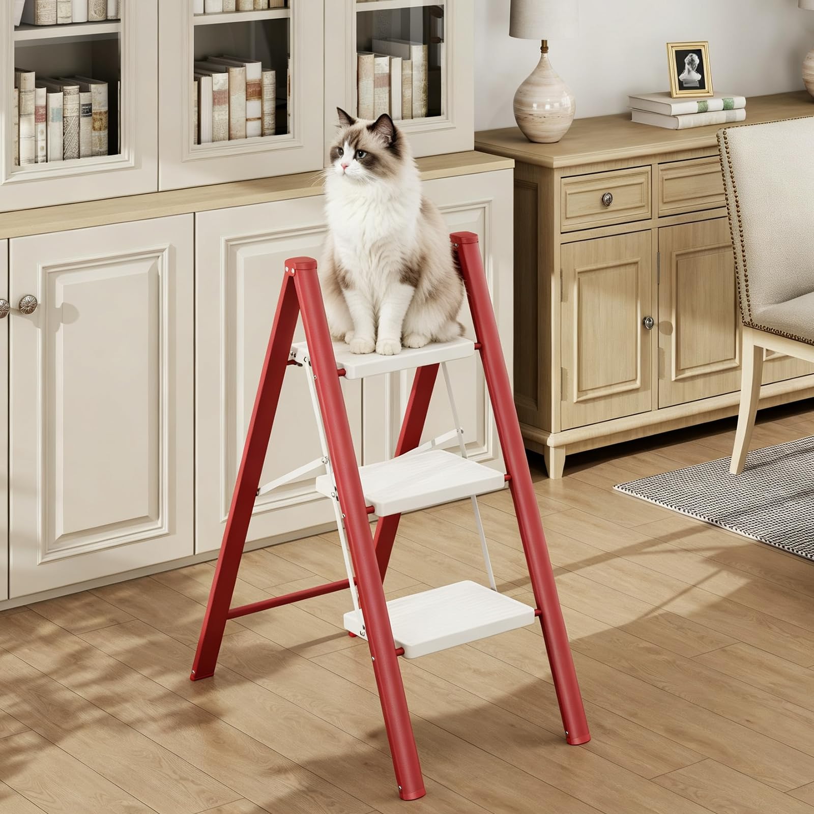 KINGRACK Escalera Plegable 3 peldaños sin barandilla, 150KG Rojo