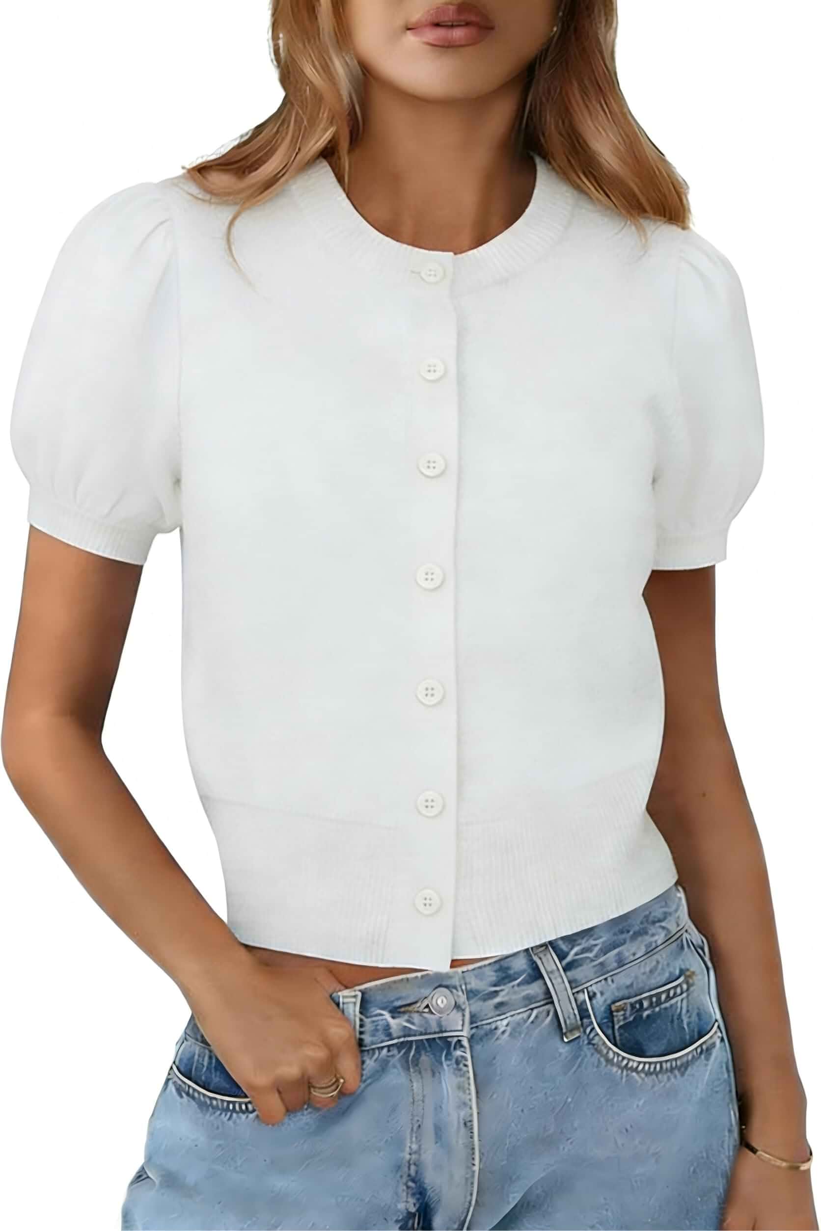 Women’s Puff Short Sleeve Cardigan Summer Button Down Sweater Knit Tops Soft Lightweight, Crew Neck Shirts, Cropped Cardigan Sweaters, Spring, Fall Casual, Button Up