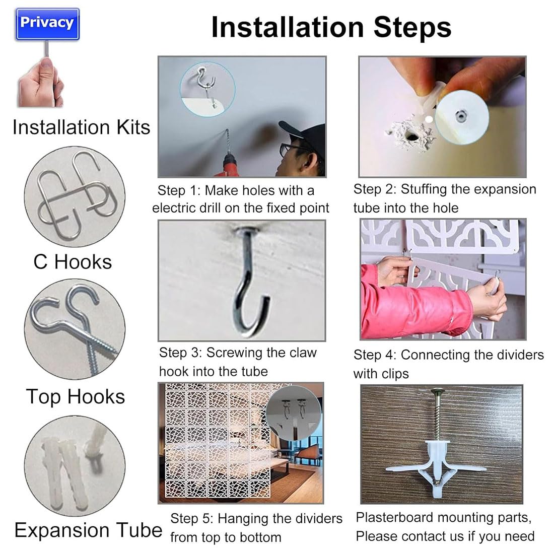 40pcs,HAILM Panele rozdzielające wiszące ekrany, Wydrążone przegródki ścienne Dekoracja pokoju, Ściana działowa DIY do pokoju ze wszystkimi akcesoriami, 11,4 x 11,4 cala