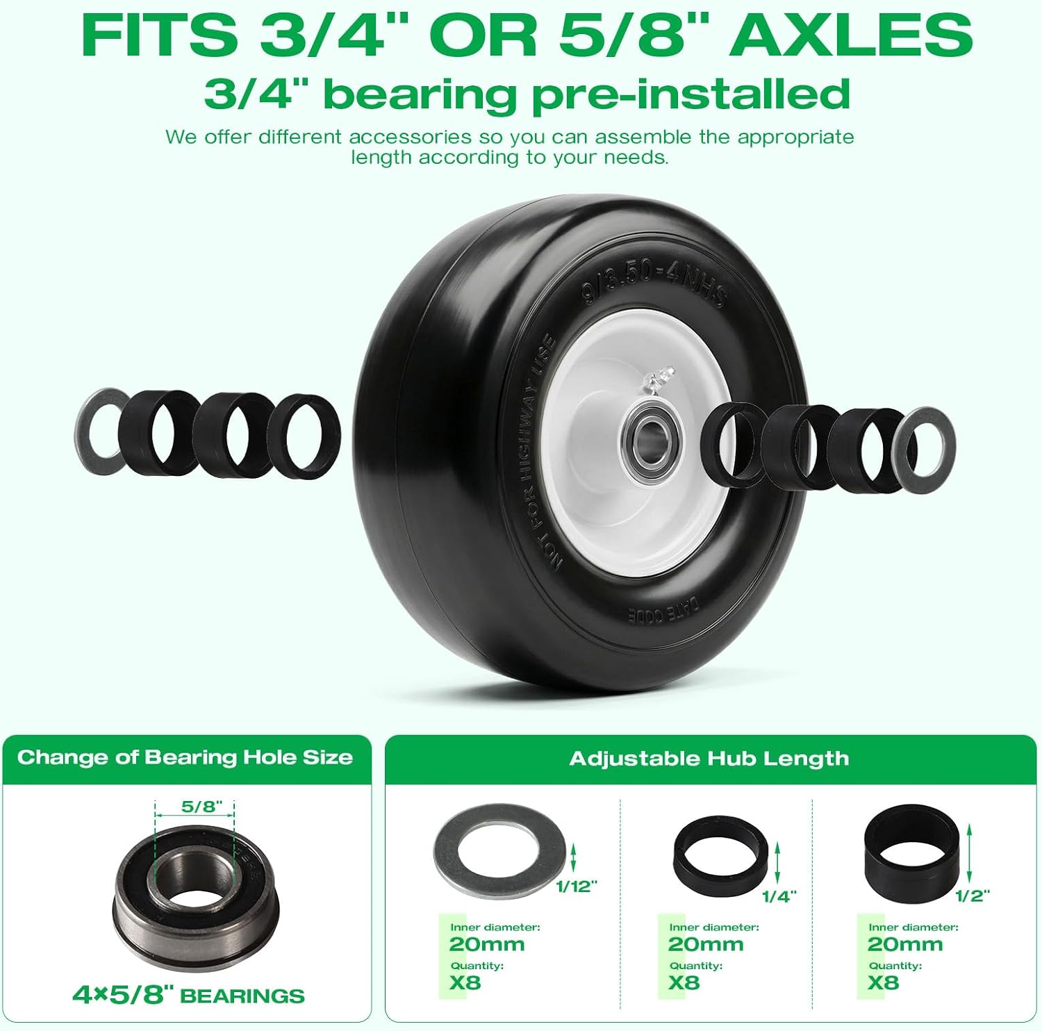 9x3.50-4 Zero Turn Mowers Flat Free Tire and Wheels Parts (2-Pack); Smooth Tread Puncture-proof Tire for Lawn Mowers, Replacement 3/4" & 4 Pcs 5/8" Bearing with 24 Spacers for Garden Tractors Carts
