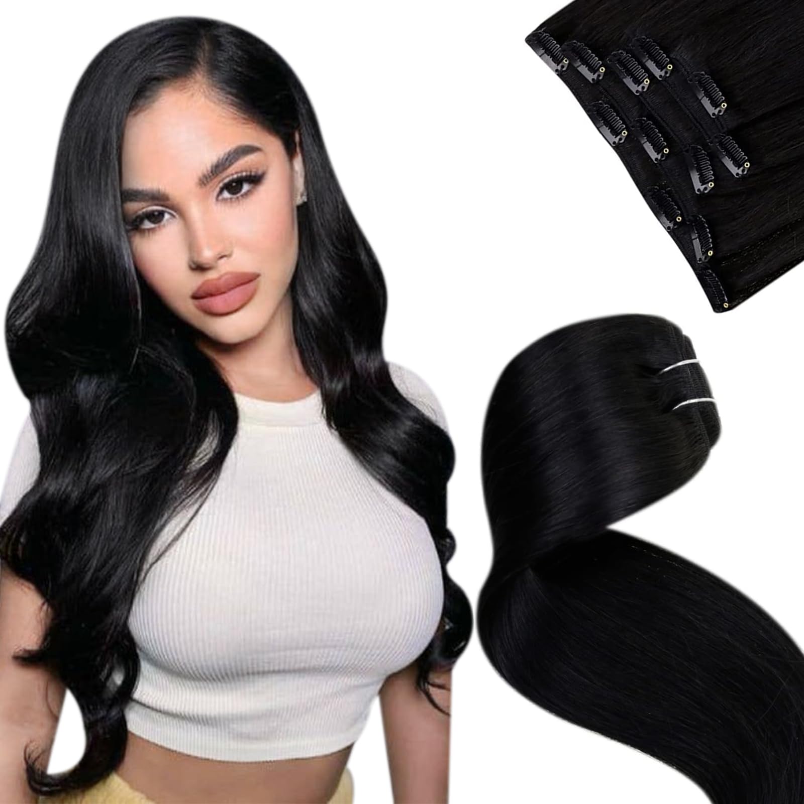 LaaVoo Extensiones Pelo Natural Clip Negro Extensiones Clip Remy Extensiones de Clip de Pelo Natural Remy Cabello Humano 30CM/12Pulgadas 5Piezas/70g #1