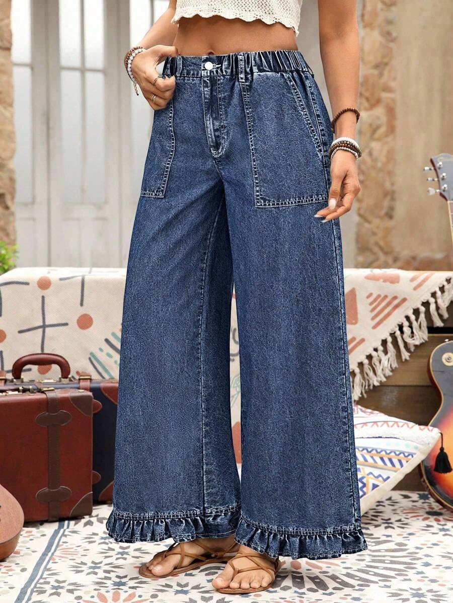 chouyatou Women's 2026 Ruffle Hem Wide Leg Jeans Elastic Waist Denim Pants Boyfriend Baggy Jeans Palazzo Pants