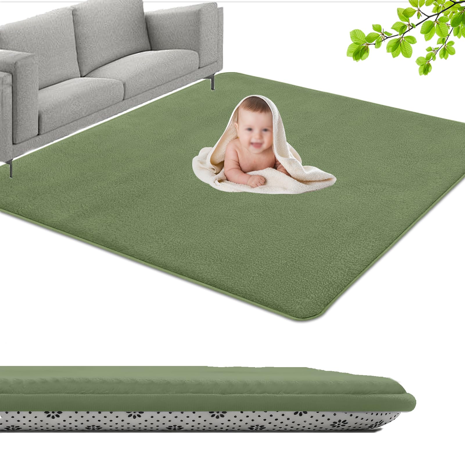 Large Coral Velvet Baby Play Mat, 3CM Memory Foam Area Rug 130 x 190 cm Children's play mat Soft Play & Tummy Time, Playmat for Floor with Non-Slip Backing Crawling, Easy Care Rug Grass Green