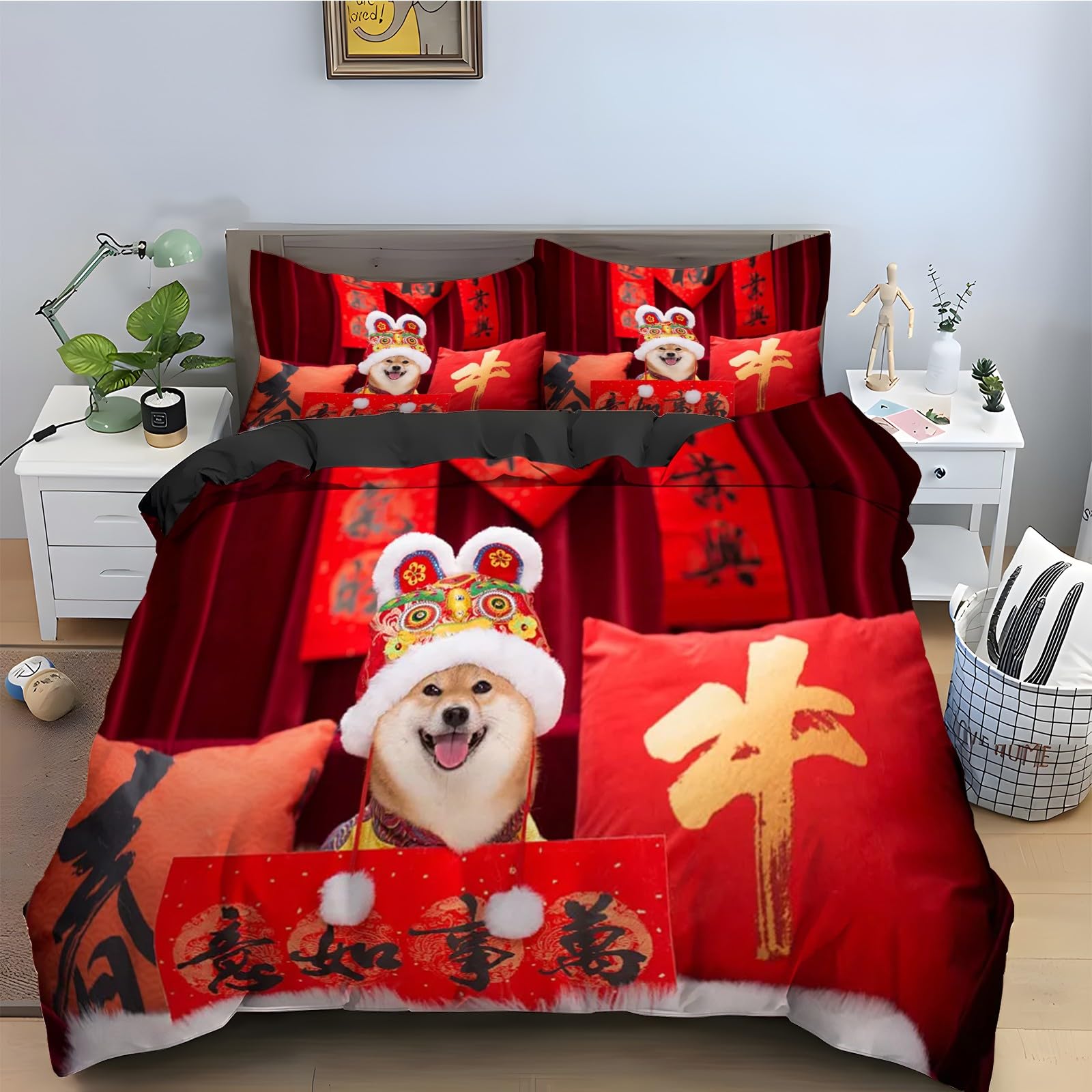 Parure de lit 90x190 Corgi avec housse de couette en microfibre et taies d'oreiller
