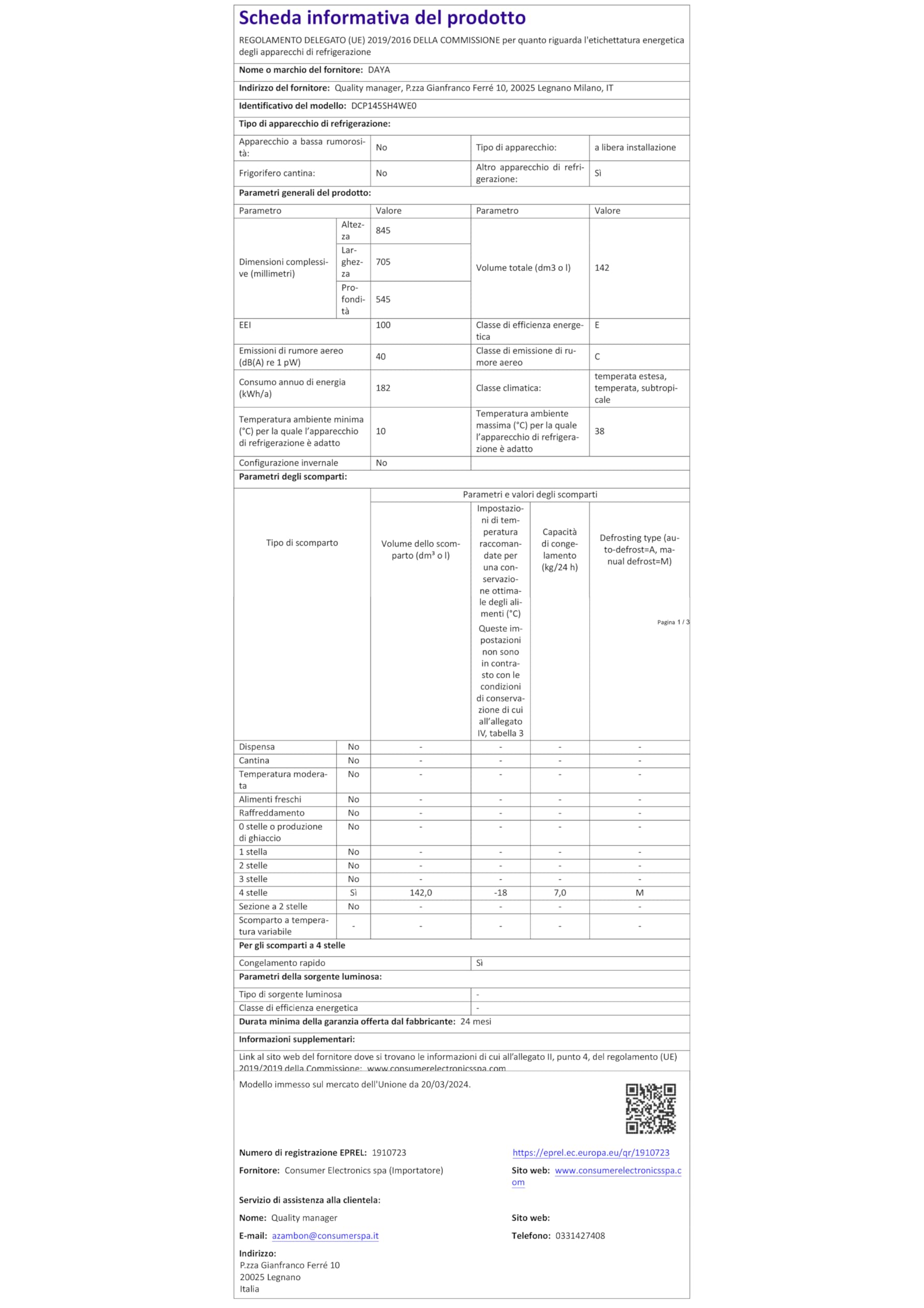 Daya Gefrierschrank DCP145SH4WE0, 142 Liter, Klasse E, Super Freezing, Winter Security, leise 40 dB(A), 20 Stunden Laufzeit ohne Strom