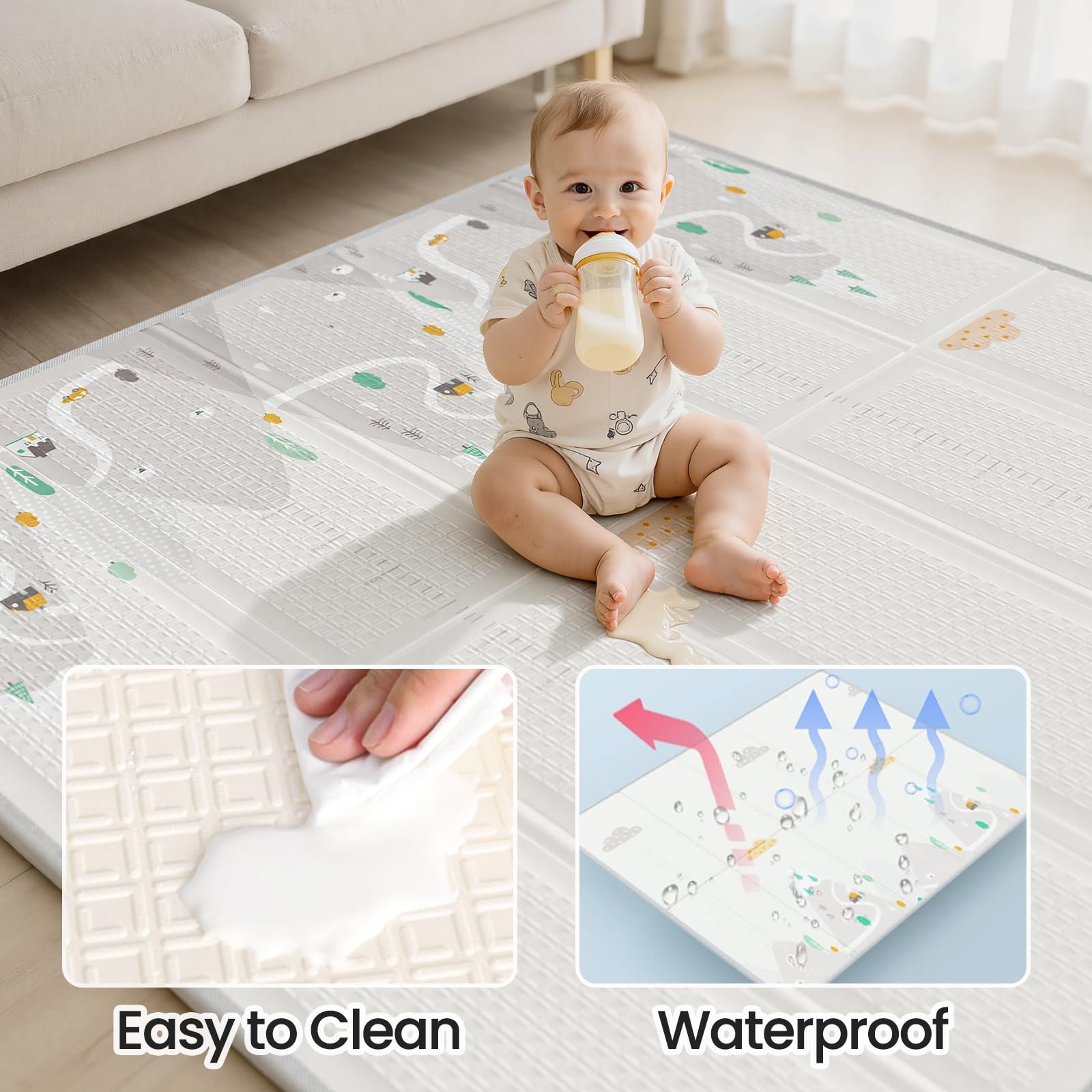 Parque Infantil para Bebé 150x150cm, Corralito Bebe con Alfombra de Juegos Gruesa Plegable y 4 Anillas
