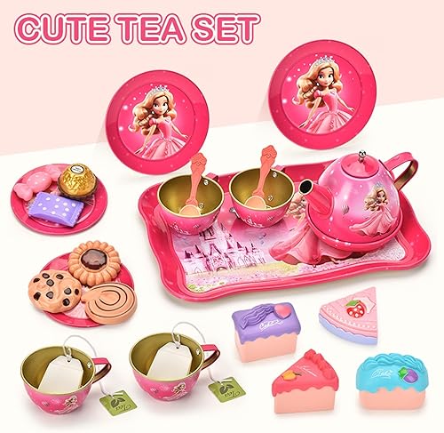 Miniatura 3 de Juego de té para niñas pequeñas, juego de tetera de hojalata de princesa, juguete de cocina con tazas, platos y accesorios para regalos de