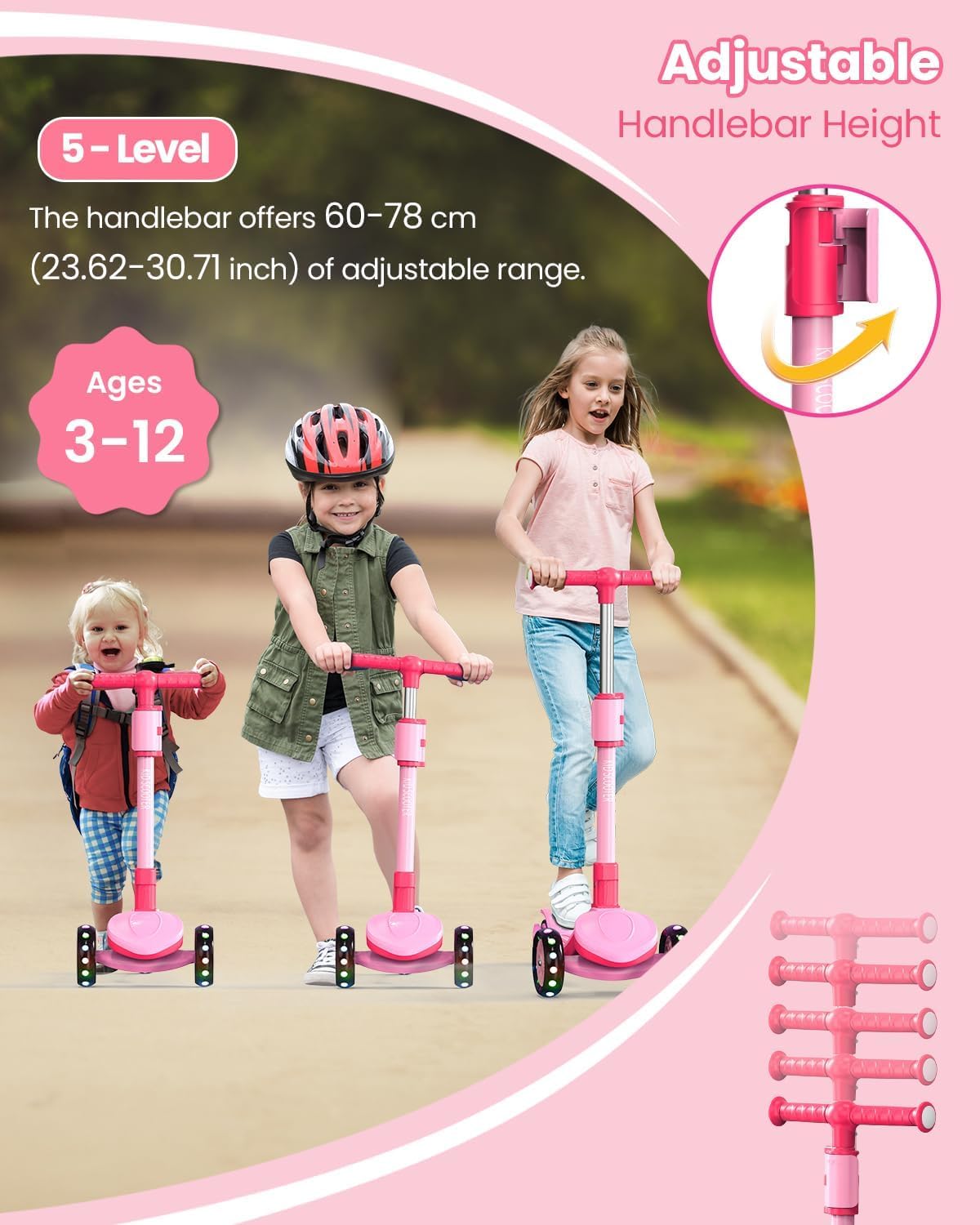 Monopattino regolabile 2 in 1, 3 – 12 anni, manubrio a 5 livelli, sedile rimovibile, ruote a LED, pieghevole, rosa (ragazze e ragazzi) nero