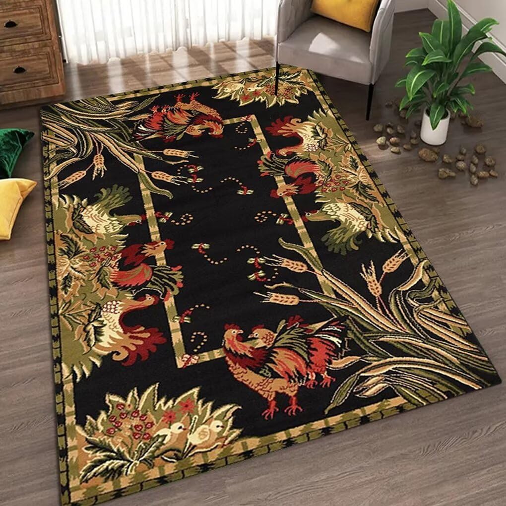 Soyalie Retro Dragonfly Flowers Rooster Rug for Entrance Kitchen Non-Slip Farmhouse Hen Print Carpet Couch Decor Abstract Chicken Rugs Floor Mat 3'x5'