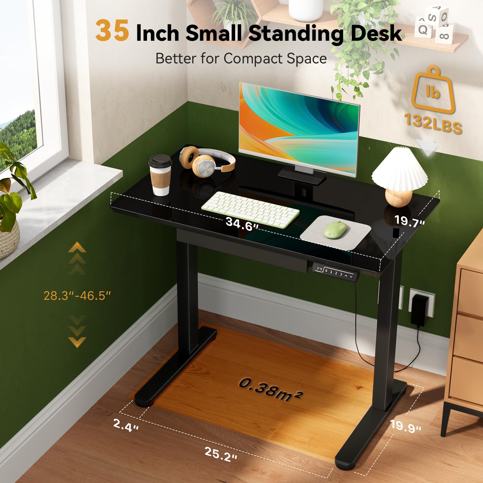 Glass Standing Desk with Drawer Electric Sit Stand Desk with Wheels 35 20Inch Whole Piece Height Adjustable Rising — view 2