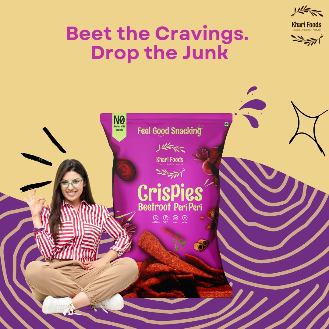 Khari Foods Beetroot Crispies, Peri Peri Flavoured Chips, No Palm Oil, No Maida, Millet Goodness, Fibre Rich, Zero Cholestrol, Gluten Free Vegan, Healthy Snacks (50g x 4 Combo) - Image 4 thumbnail