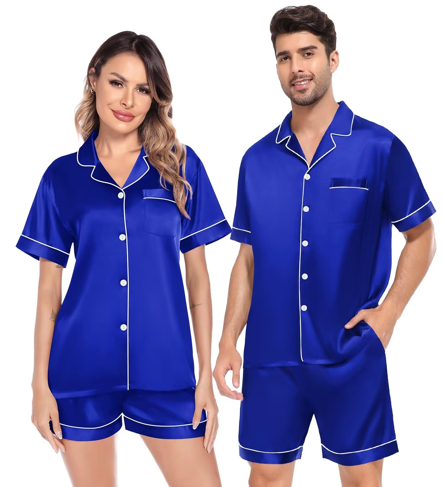 SWOMOG Satin Matching Pajamas Sets Couple Silk Button Down Nightwear Women &amp; Men Short Sleeve Sleepwear 2 Pieces Loungewear Blue