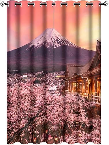 Miniatura 1 de Cortinas japonesas con flores de cerezo rosa  Cortinas rústicas florales Mt Fuji Sunset Paisaje, Cortinas opacas para oscurecer la habitación,