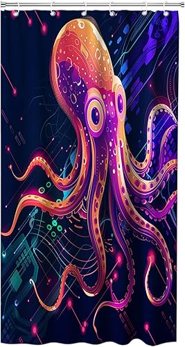 Vista 37 de Juego de cortinas de ducha náuticas de tela, diseño de pulpo, monstruo, velero, decoración de baño con ganchos, impermeable, lavable, 72 x 72