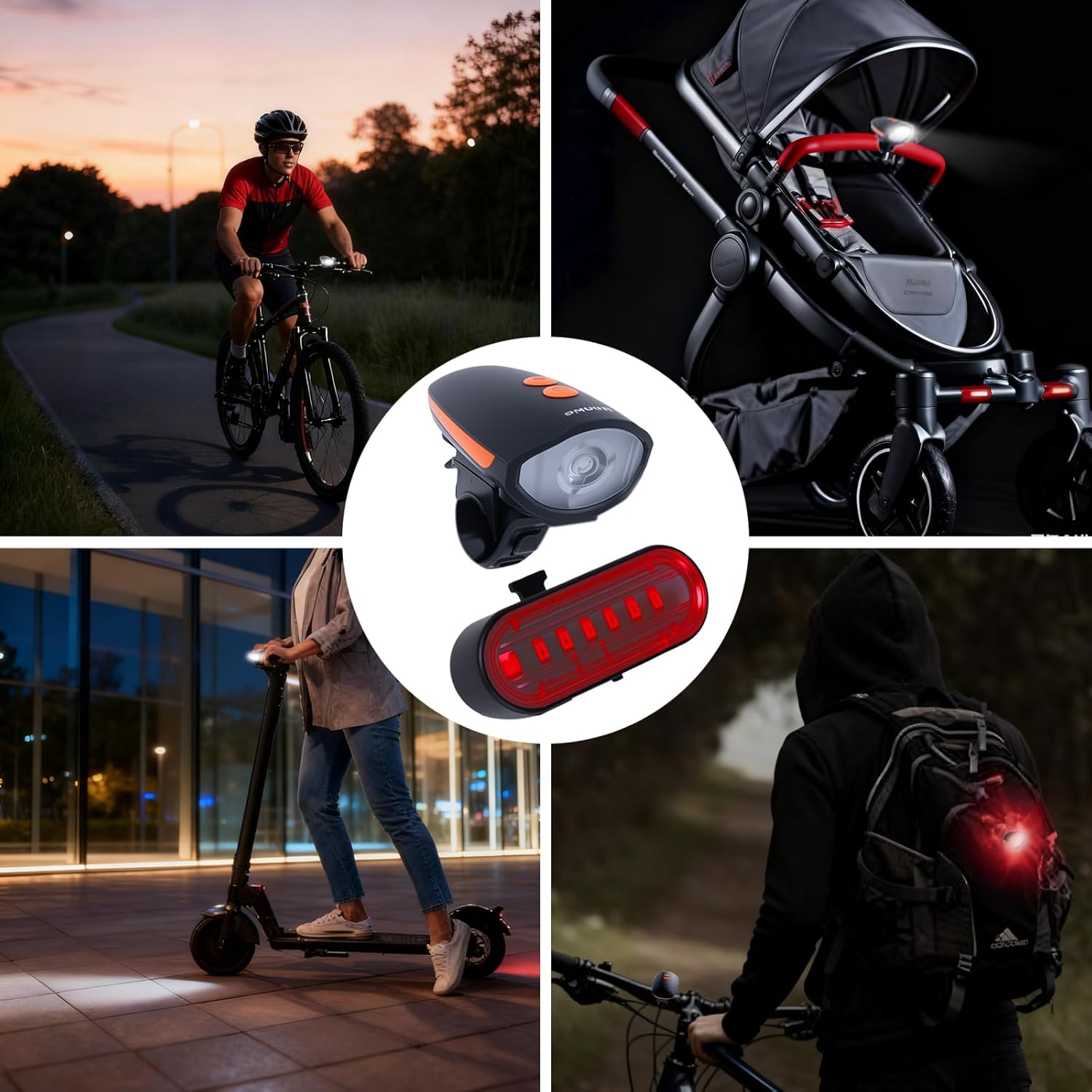 Kunhe Rechargeable Bicycle Front and Rear Lights with Horn 1200mah Battery 120dB Bicycle Bell 150 lumens 3 Light Modes 5 Horn Modes Suitable for Children and Adults Night Riding