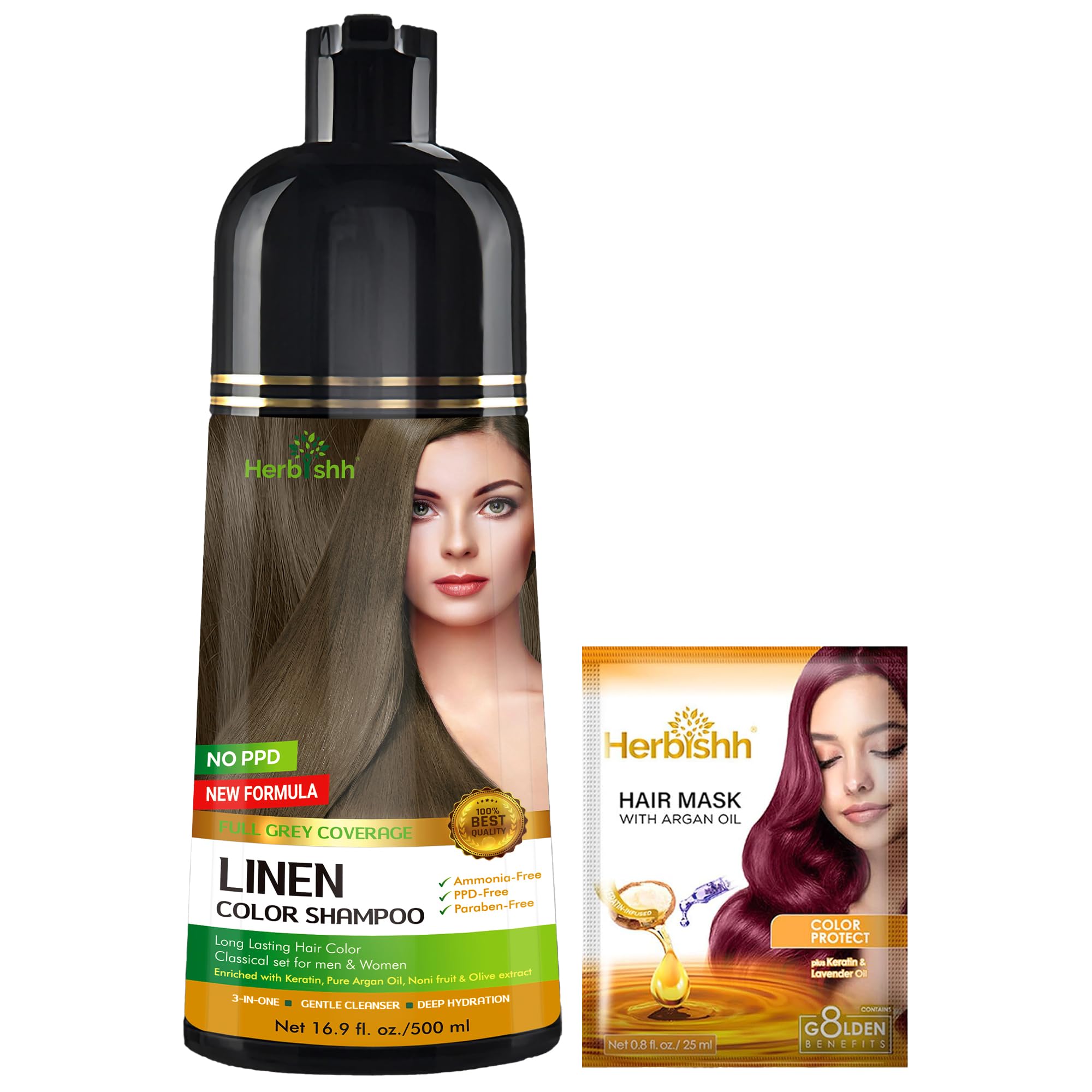 Hair Color Shampoo For Gray Hair – Natural Hair Dye Shampoo – Colors Hair In Minutes–Long Lasting–500 Ml–3-In-1 Hair Color–Ammonia-Free | Herbishh (Linen)