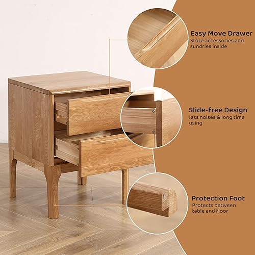 Miniatura 5 de Olusmane Mesita de noche de fácil montaje, moderna de mediados de siglo, de madera de roble macizo, con 2 cajones, mesita de noche pequeña,