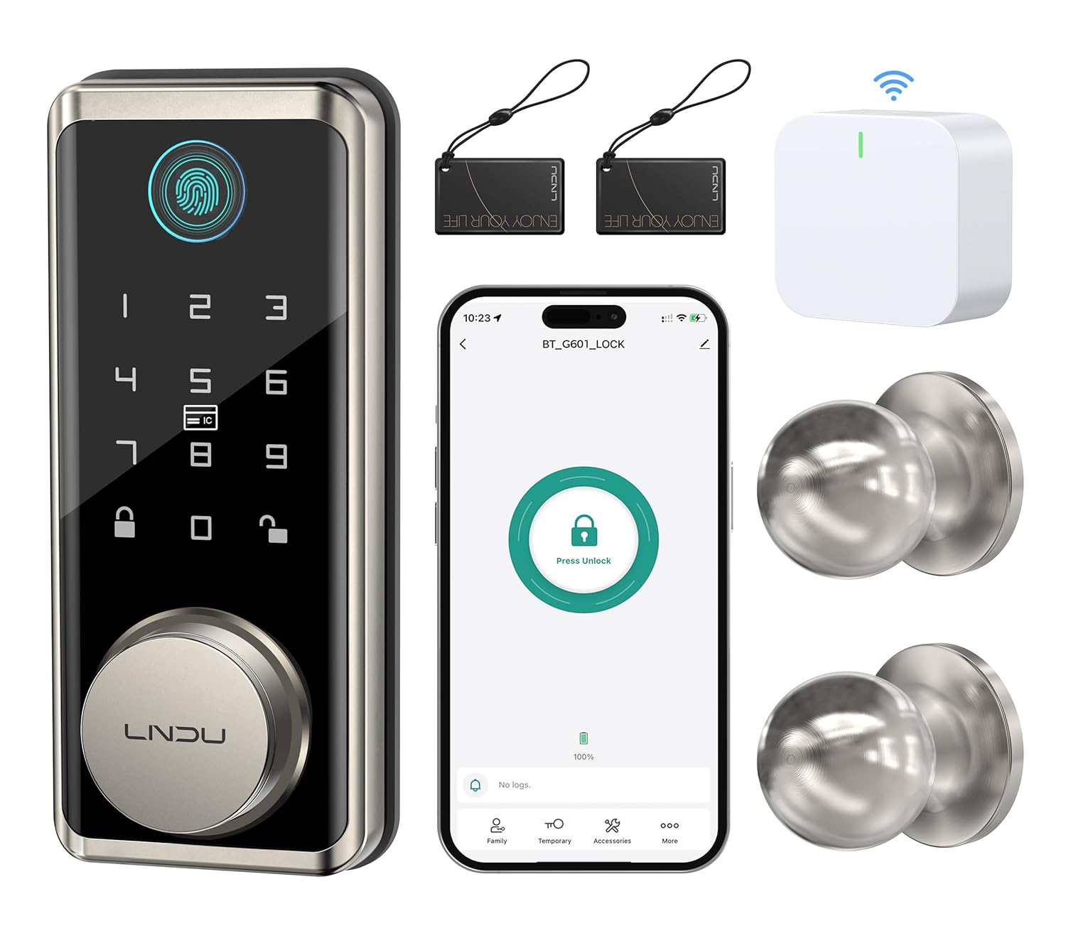 WiFi Keyless Entry Door Lock Deadbolt with Handle Set: App Remote Control Fingerprint Front Door Lock Set, Smart Deadbolt Locks for Front Door with Gateway Bridge, Fob Unlock, Auto Lock