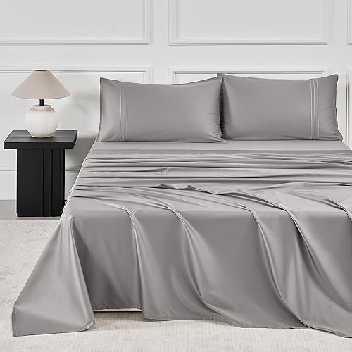 JELLYMONI Juego de sábanas tamaño Queen, color gris, sábanas de satén 100% algodón de 400 hilos para cama tamaño Queen, sábanas suaves y frescas,