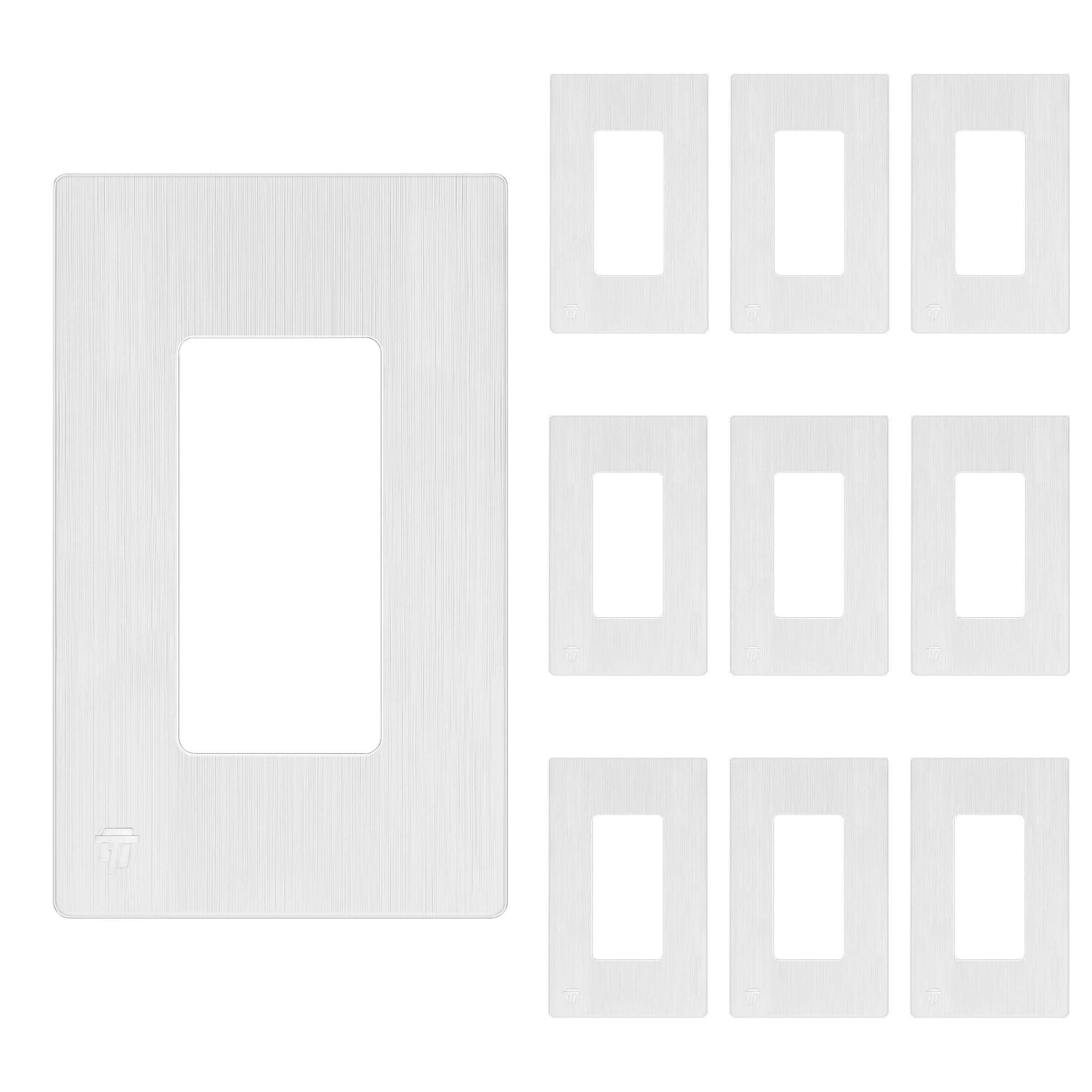 TG Screwless Decorator Wall Plates Child Safe Outlet Covers, Size 1-Gang 4.68" H x 2.93” L, Unbreakable Polycarbonate Thermoplastic, Glossy, Brushed White (10 Pack)