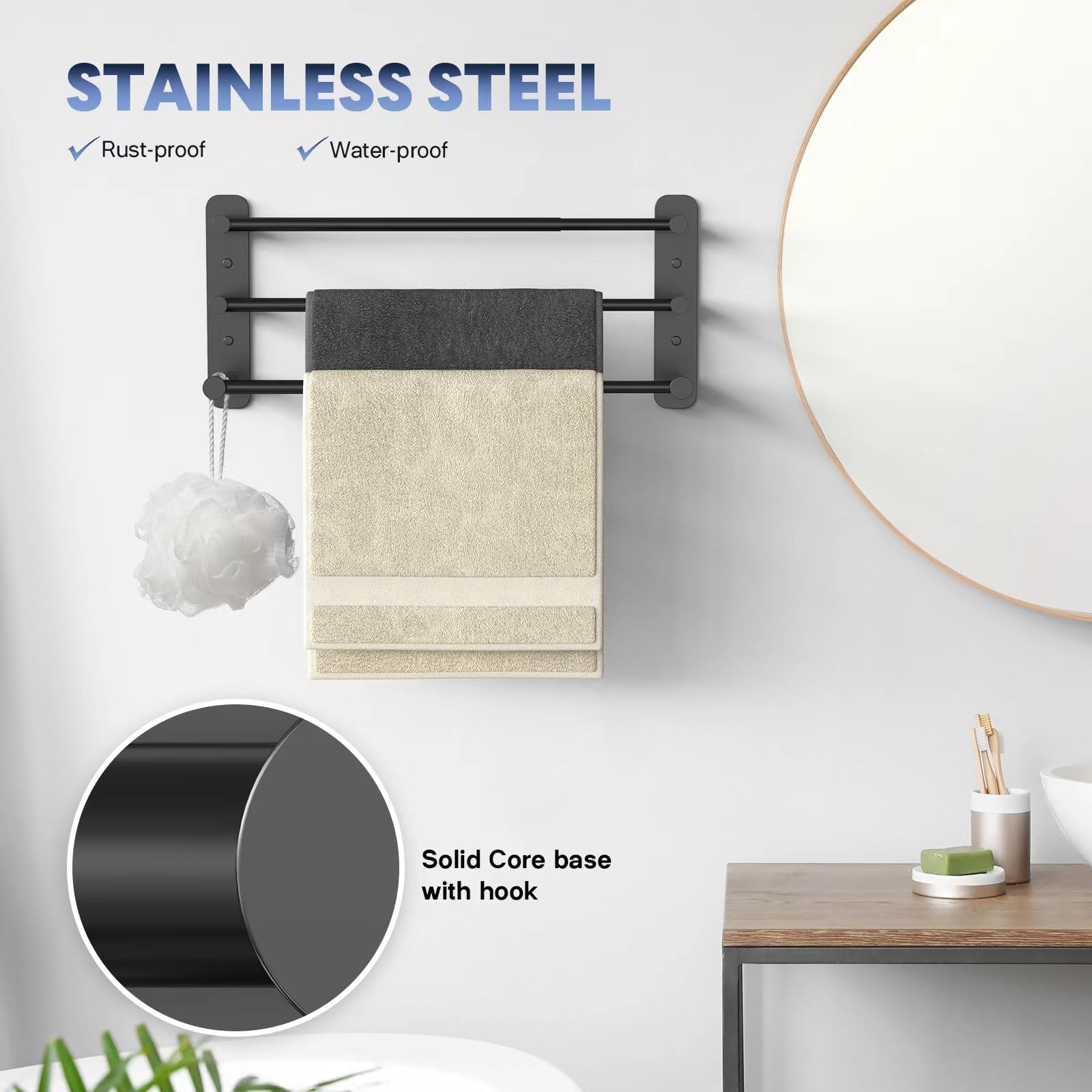 Lannvan Porte Serviette Salle de Bain Extensible 37-70 cm - Murale Acier Inoxydable Sans Forage et Forage 2 Méthodes d'Installation, Noir