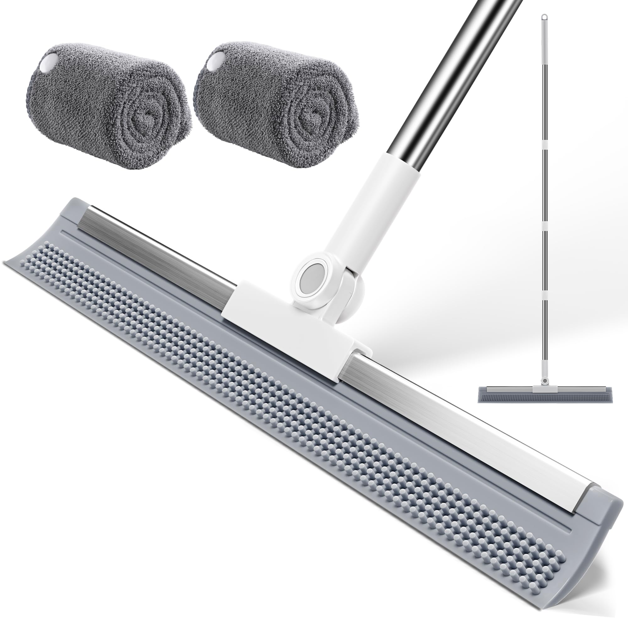 Floor Squeegee Broom, 2 in 1 Magic Broom with Rubber Scrubbing Teeth and Long Handle, Shower Floor Squeegee for Bathroom, Kitchen, Tile, Concrete, Garage, Pet Hair and Water