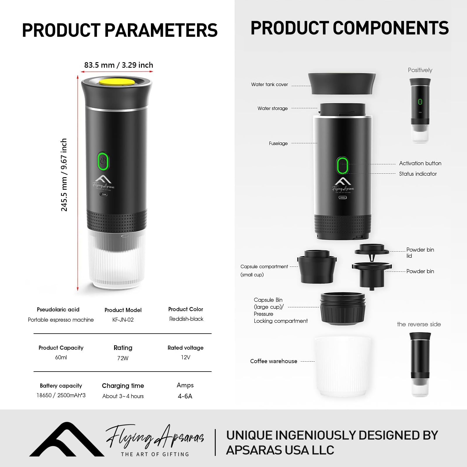 APSARAS USA - Cafetera portátil para viajes, cafetera espresso portátil, mini máquina de café espresso de 20 bares, cafetera de viaje 3 en 1 con café molido y cápsula (Ns&DG) para RV, camping, coche