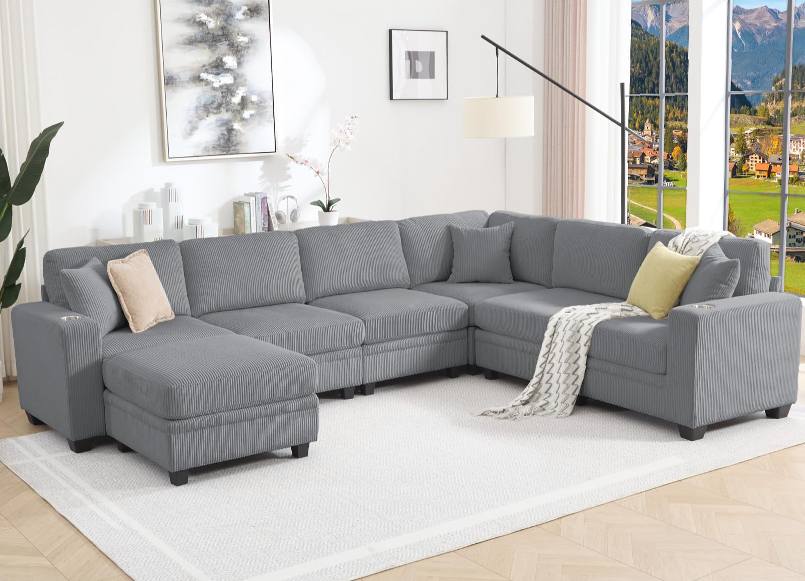 Haogood Modular Sectional Sofa, Corduroy 7-Seater Corner Couch with Ottoman Chaise, Convertible L-Shaped U-Shaped Sofa, Sectional Couches for Living