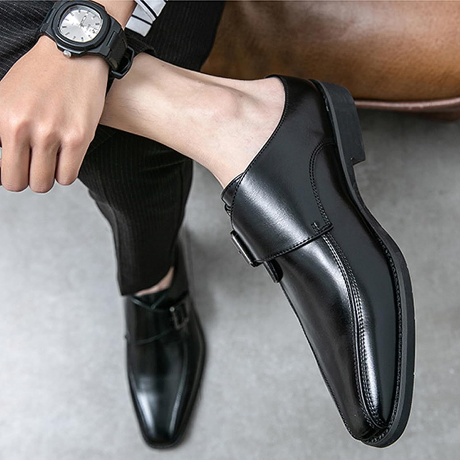[IJGE] ビジネススリッパ サンダル モンクストラップ メンズ オフィス 革靴 スリッパ 黑 事務所 社内 職場 ドライビングシ