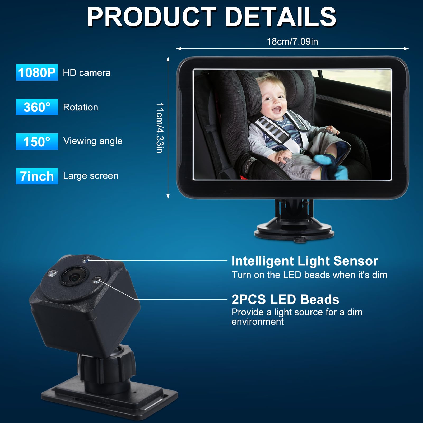 Cámara para automóvil de bebé con pantalla IPS de 7 pulgadas - Espejo doble de asiento trasero 1080P para vehículo - Vista gran angular de 150 grados con visión nocturna por
