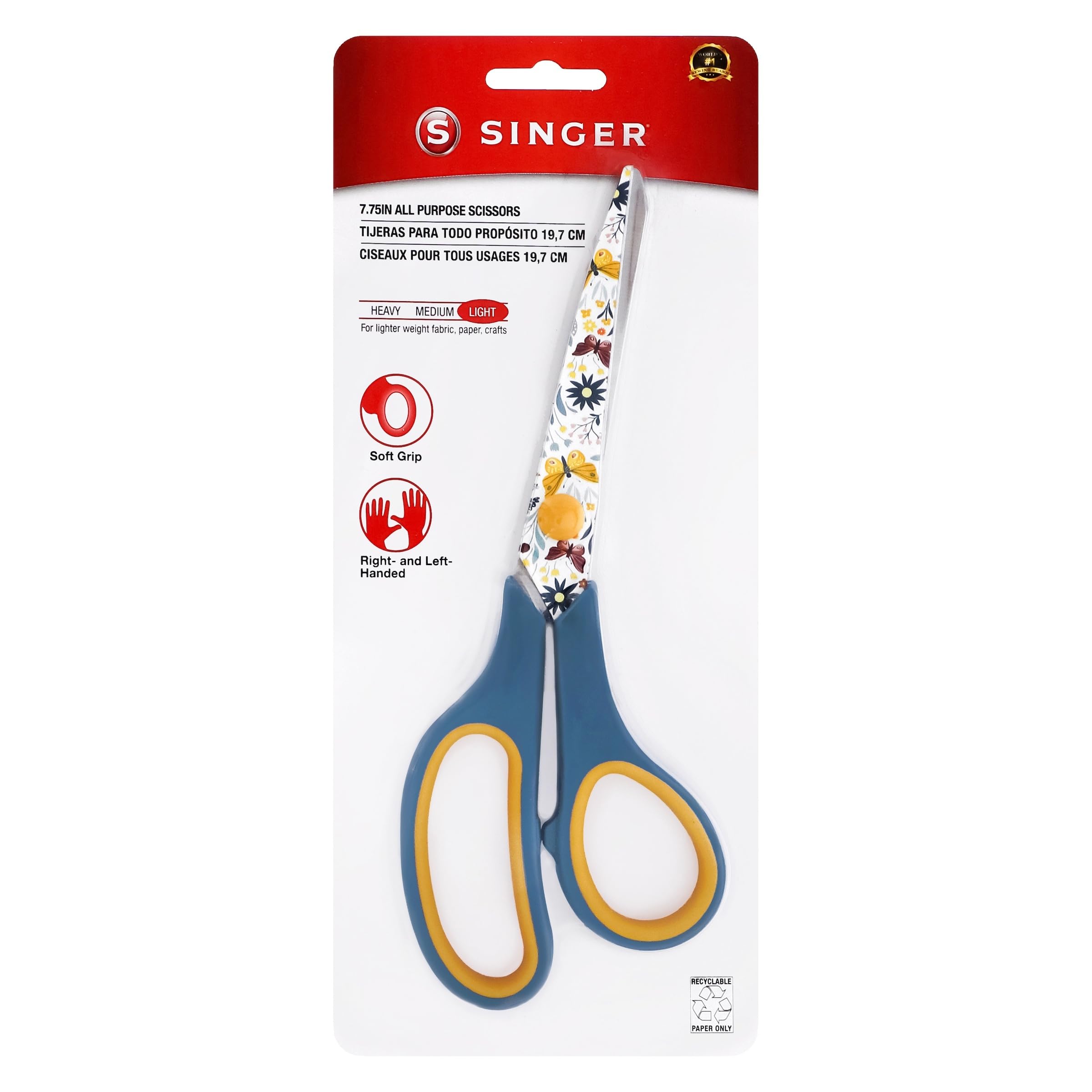 SINGER 7.75" Fashion Butterfly All Purpose Scissors - Comfort Grip TPR Handles, Sharp Stainless-Steel Blades, Ideal for Crafting & Sewing