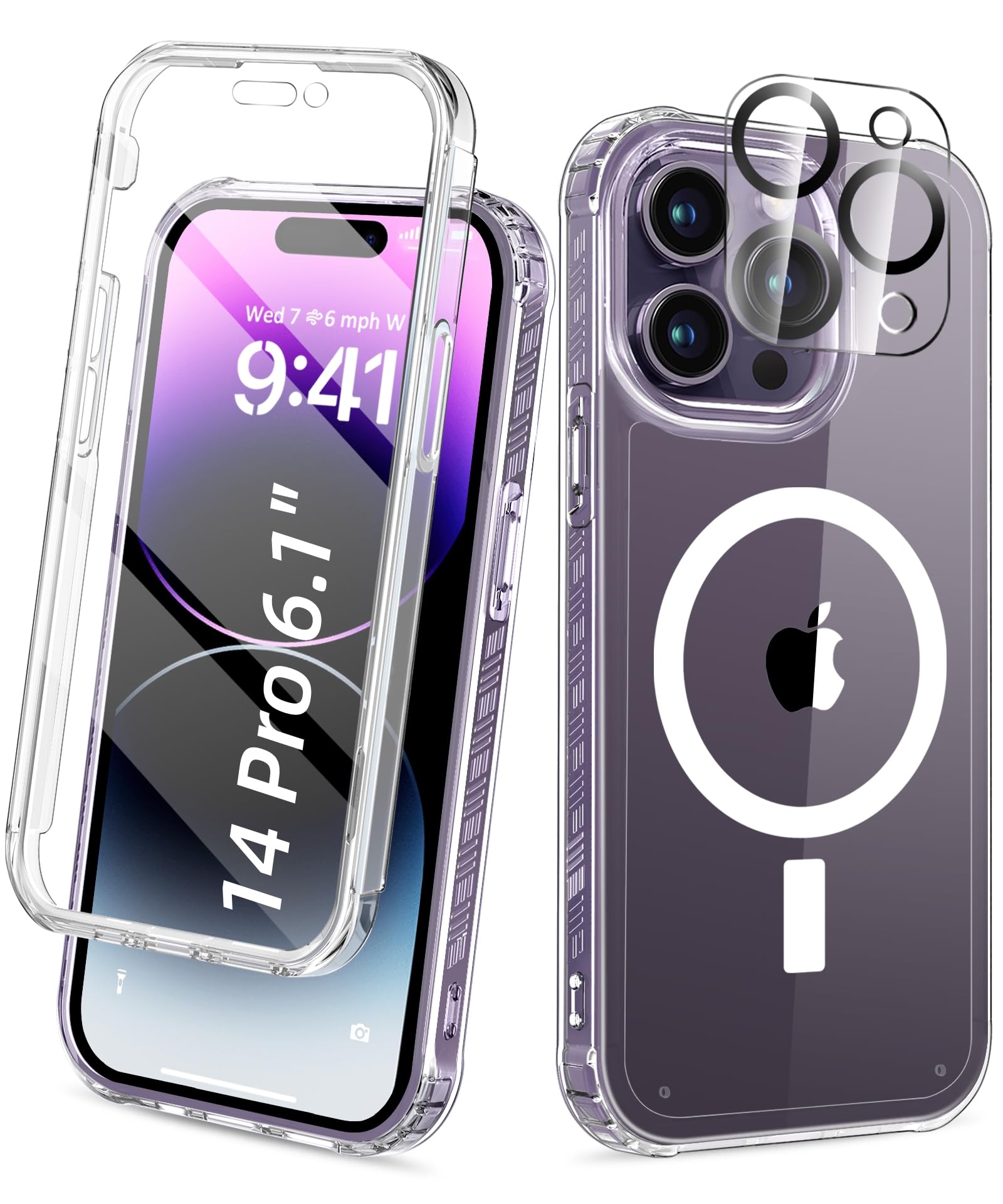 Funda magnética para iPhone 14 Pro de cuerpo completo, diseño para MagSafe, protector de pantalla integrado, con protector de lente de cámara, [antiamarilleamiento] a prueba de golpes, funda