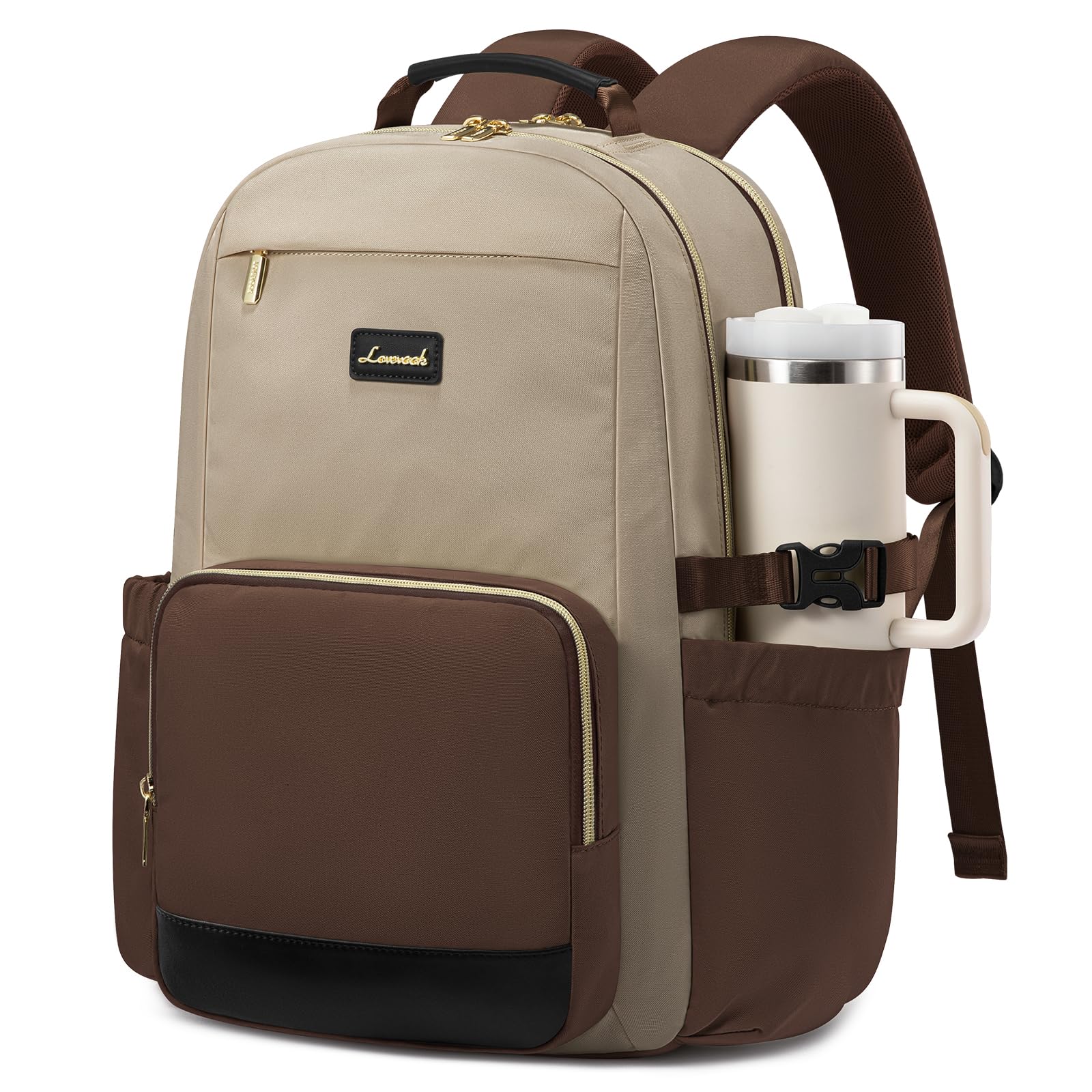 LOVEVOOK Laptop Backpack for Women with Pouch Pocket for Large Capacity Cup,17 Inch Teacher Nurse College Work Backpack Purse,Waterproof Laptop Bag Computer Back Pack for Travel, Khaki-Coffee-Black