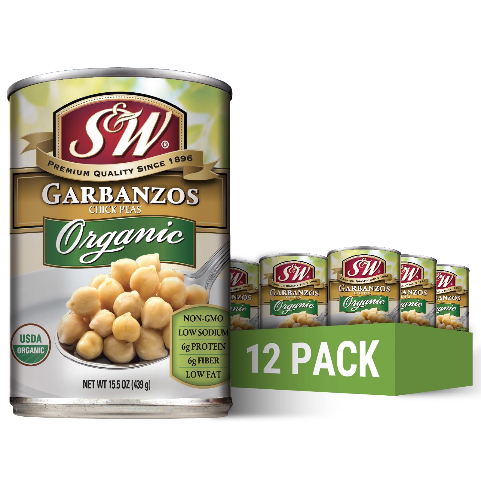 S&W Organic Canned Garbanzos, Chickpeas, Plant Protein and Fiber, Gluten Free, Vegan, Low Fat, Low Sodium, 12 Pack of 15.5 oz Cans, Canned Beans