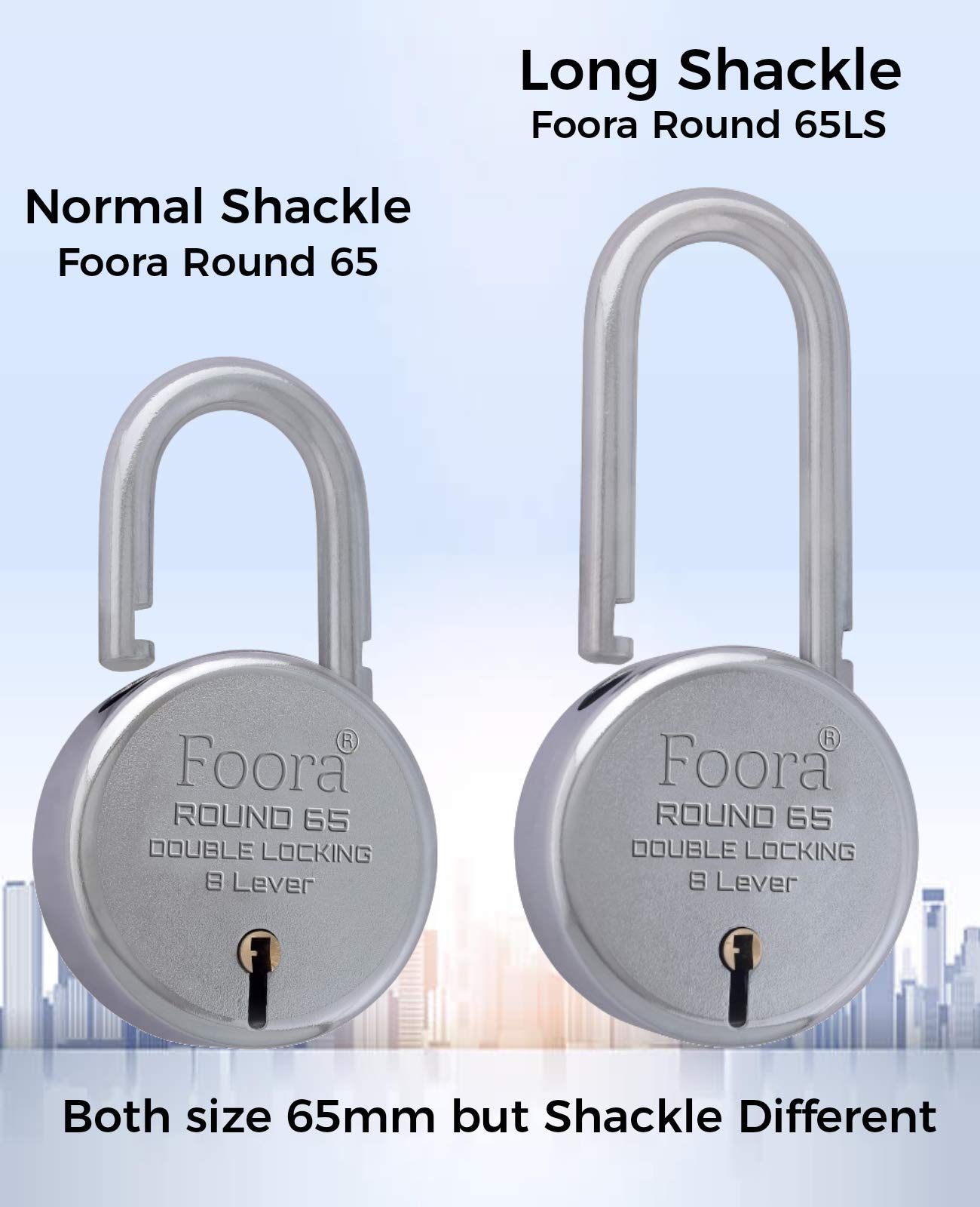 Foora 65 & 65 LS Padlock Set – Door Lock for Home | Long Shackle | 5 Keys | Silver Finish | Pack of 2(Round 65 & 65 LS Pack of 2) — Amazon image 6